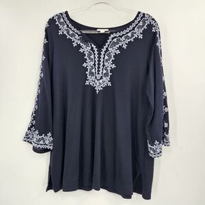 J. Jill 3/4 Sleeve Embroidered Tunic Top Womens Size Medium Navy Blue Boho